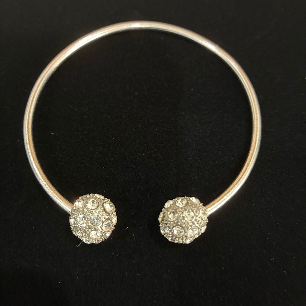 Silver Tone Open Cuff Bangle Bracelet Pave Rhinestone Ball Ends 7.75"